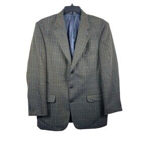 VTG Italian Vinceli Lambswool Gray Blue Yellow Plaid 42 Blazer Sports Coat